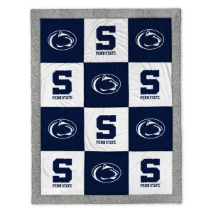 spirit blanket with alternating navy and white panels with Athletic Logo and Penn State block S